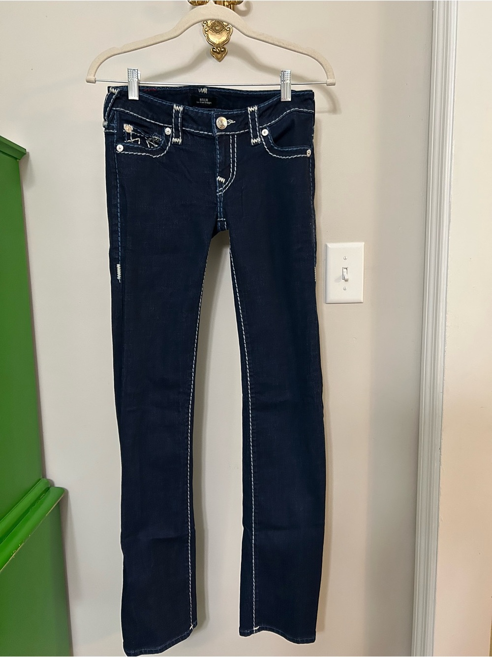 True Religion Dark Blue Boot Cut Jeans with White Contrast Stitching